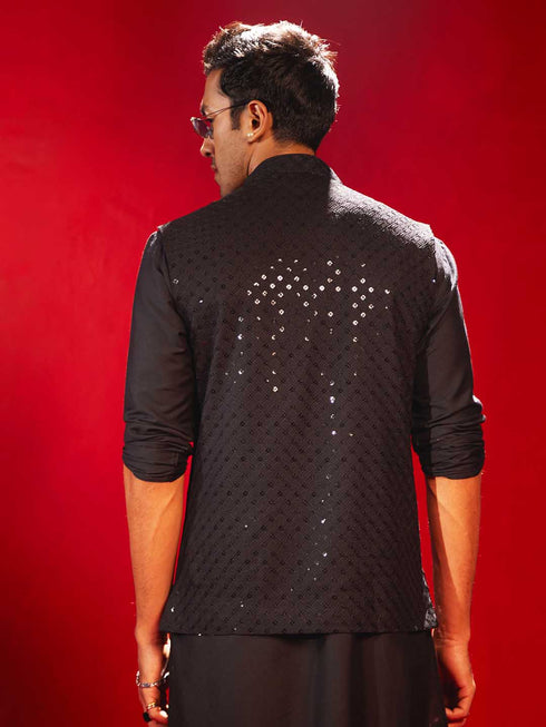 Black Rayon Sequined Nehru Jacket